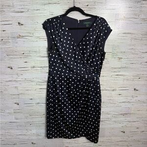 Lauren Ralph Lauren Navy Polka Dot Dress faux wrap size 10